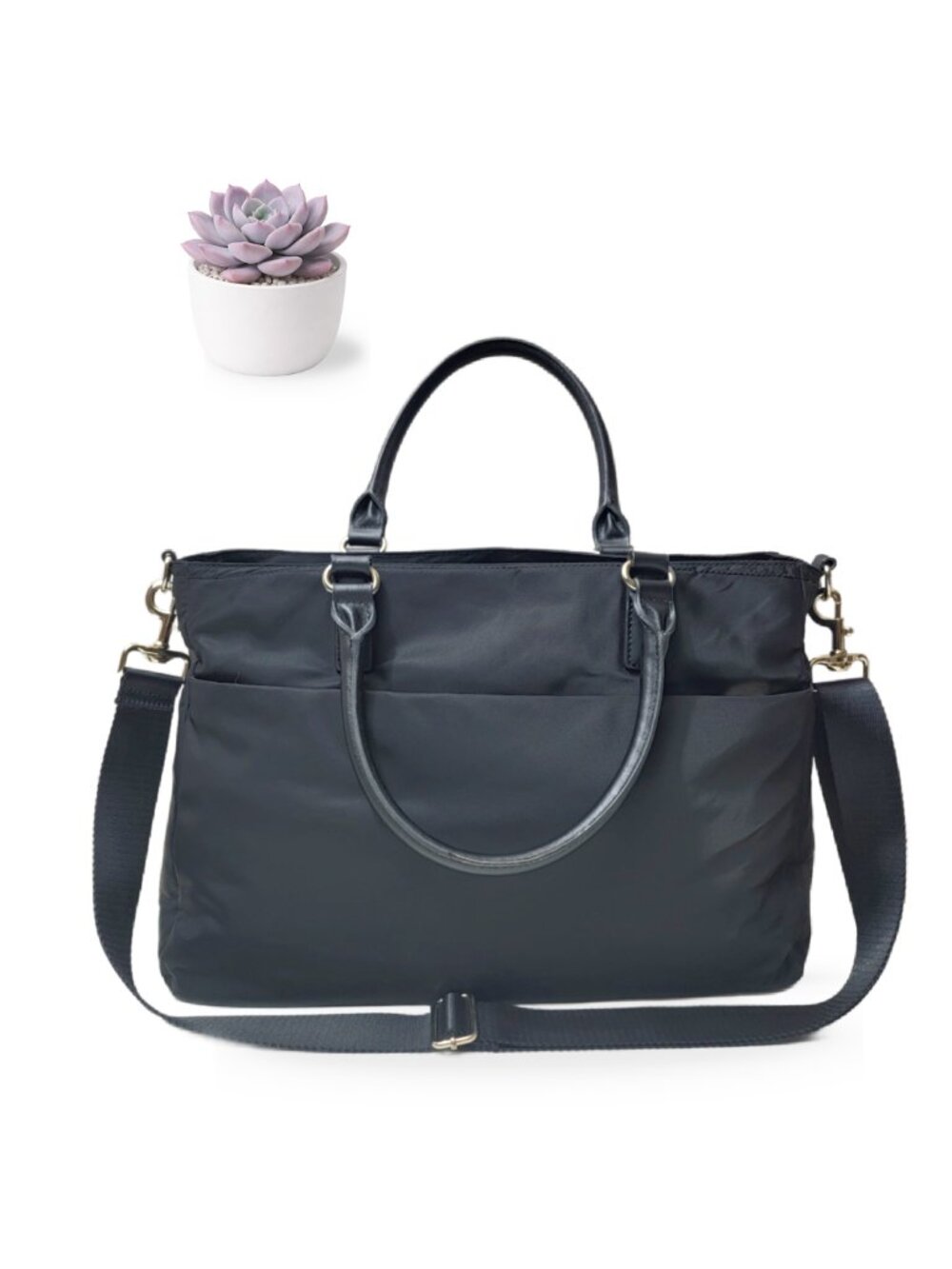 Lo & Sons L&S Black Nylon Laptop Tote Bag Work Travel Crossbody Gold Hardware